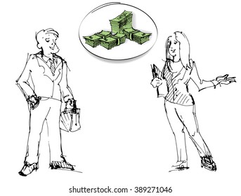 Sketch of the business man and woman, with the money stack. Idea, partnerships, funding, benefits, investment business