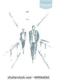 Sketch of a business men walking down in office building. Concept vector illustration
