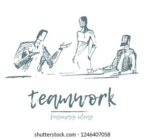 Sketch of a business people having a meeting, team members are discussing a new project, concept vector illustration