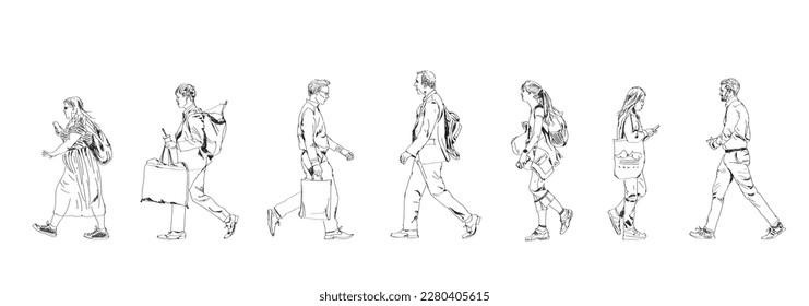 Sketch of Business people in suit walking in the city. People with rucksack, handbags and mobile phones. 