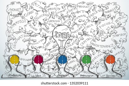 Sketch Business plan with Human Head 5  people  and  Brain White line, Colorful  -  Creativity modern design - Vector