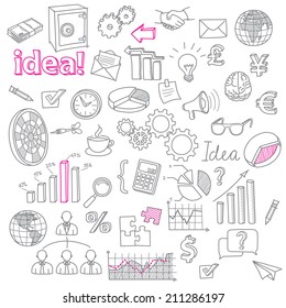Sketch of business processes, management, marketing and finance. Hand Drawn Business Doodles vector set 