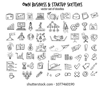 Sketch business startup elements collection with doodle financial icons tools objects and equipment isolated vector illustration