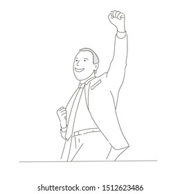 Sketch of business winner. Man keeping arm raised and expressing positivity.  Hand drawn vector illustration.