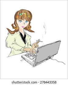 Sketch of a business woman smoking and working on a laptop, illustration on white