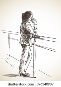 Sketch of business woman using smartphone, Hand drawn illustration