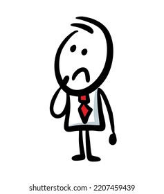 Sketch of businessman with red tie and sad face. Vector stickman illustration of bad emotion.