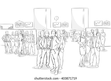 Sketch Businesspeople Crowd Office Interior Business Team Hand Drawn People Vector Illustration
