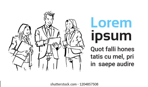 Sketch businesspeople team stay on white background, businessman and businesswoman hold folder, portrait group of hand drawn business people vector illustration