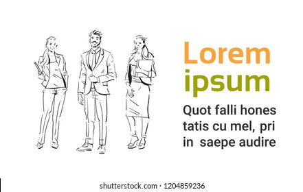 Sketch businesspeople team stay on white background, businessman and businesswoman hold folder, full length group of hand drawn business people vector illustration