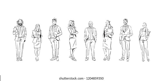 Sketch businesspeople team stay on white background, team of successful executives, full length group of hand drawn business people, banner vector illustration