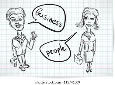Sketch of a businesswoman and a businessman on notebook sheet