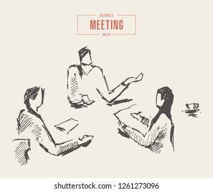 Sketch of businesswoman having a meeting, brainstorming, teamwork, concept vector illustration