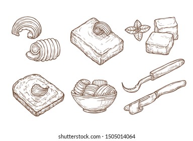 Sketch butter. Closeup cutting margarine block, fresh bread and knife. Vintage hand drawn culinary cooking vector set