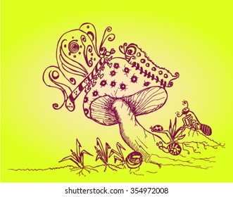 sketch, butterfly, caterpillar, grass, bugs, ant