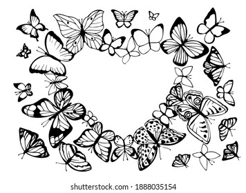 Sketch Butterfly. Heart shape frame with butterfies. Coloring page. Valentine's day card