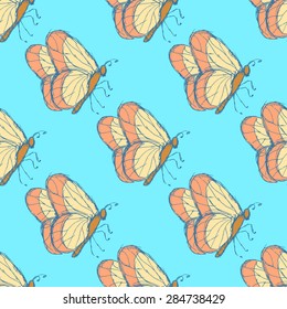 Sketch butterfly  in vintage style, vector seamless pattern