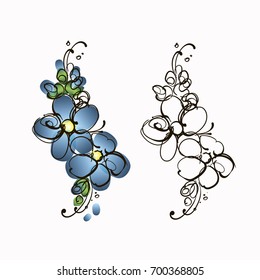 The sketch by brush,blue flowers on white background