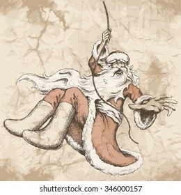 Sketch by hand of Santa Claus flying on a rope with outstretched hand on the old paper background.