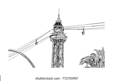 Sketch of cable car in Barcelona, Spain in vector illustration.