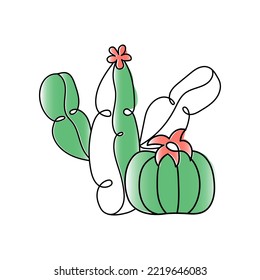 Sketch of cactus in line style. Continuous line doodle of hand drawn succulent, cactus exotic botanical home plant. Effect of watercolor illustration. Isolated object on white background