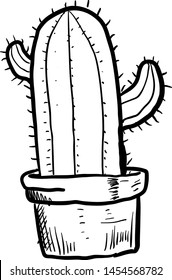Sketch of a cactus in a pot, illustration, vector on white background.
