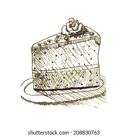 Sketch of cake with chocolate, cream and decoration. Isolated image on white background