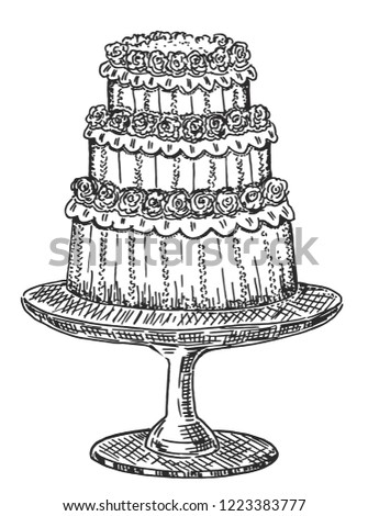 Sketch of cake isolated on white. Vector illustration. ongratulations happy birthday, wedding, celebration.