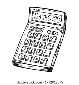 A sketch of the calculator. An accounting or school accounting tool. A simple hand-drawn drawing, isolated on white. Black and white vector illustration.