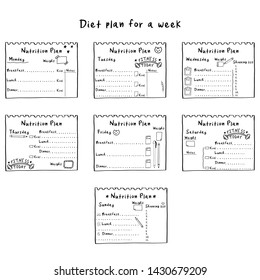 Sketch calendar weekly design for healthy diet diary planner. Healthy meal concept for weight loss, calories count in kcal. Hand drawn diet plan in doodle style for breakfast, lunch and dinner.