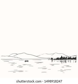 Sketch of calm lake with couple on boat far in water, forest with reflection and mountains, Hand drawn nature landscape vector illustration