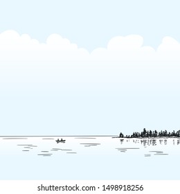 Sketch of calm lake with couple on boat far in water and forest with reflection, Hand drawn nature landscape vector illustration