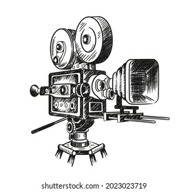 Sketch of a camcorder isolated on a white background drawn by hand in a retro style. Vector illustration, sketch