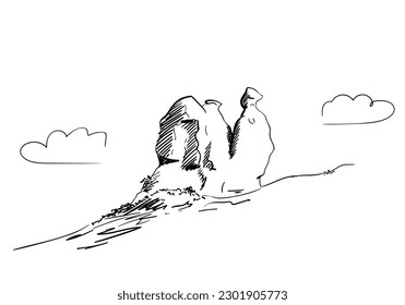 Sketch of the Camel of the Devrent Valley or Imagination valley in Cappadocia, Famous rock formation hand drawn illustration, Turkey