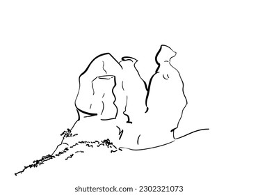 Sketch of the Camel of the Devrent Valley or Imagination valley in Cappadocia, Famous rock formation hand drawn outline illustration isolated, Turkey