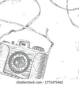 Sketch camera background. Hand draw doodle retro illustration. Printable card, poster. Vintage cute postcard