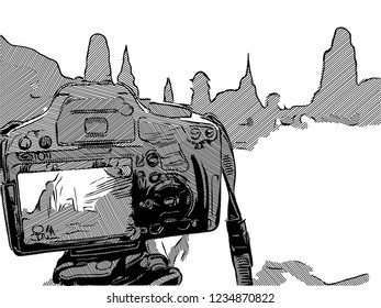sketch of Camera DSLR on tripod in ayutthaya city Thailand