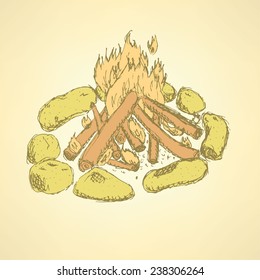 Sketch camp fire in vintage style, vector