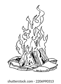 Sketch Of A Campfire. Hand Drawn Vector Illustration Of A Camp Fire In Vintage Style. Retro Bonfire With A Flame For Summer Tourism In The Forest. Drawing On A White Isolated Background