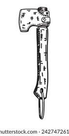 Sketch of camping axe with protective blade cover. Clipart of outdoor travel equipment, hiking tools. Hand drawn vector illustration isolated on white.
