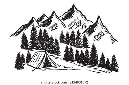 Sketch Camping in nature set, Mountain landscape, vector illustrations.	