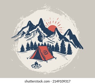 Esbozo Camping en la naturaleza, paisaje de montaña, ilustraciones vectoriales.	
