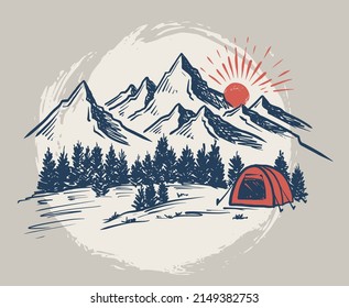 Sketch Camping in nature set, Mountain landscape, vector illustrations.	
