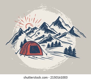 Sketch Camping in nature set, Mountain landscape, vector illustrations.	