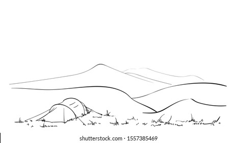 Sketch of camping tent in nature, Hand drawn linear illustration