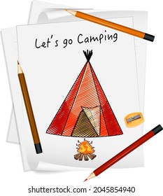 Sketch camping tent on paper isolated illustration