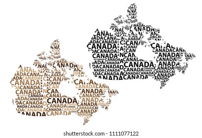 Sketch Canada letter text map, Canada - in the shape of the continent, Map of Canada - brown and black vector illustration