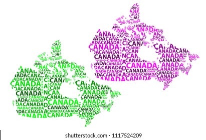 Sketch Canada letter text map, Canada - in the shape of the continent, Map of Canada - green and purple vector illustration