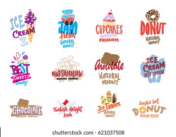 Sketch candies and sweets logos set with colorful handwritten inscriptions confectionery and bakery products isolated vector illustration