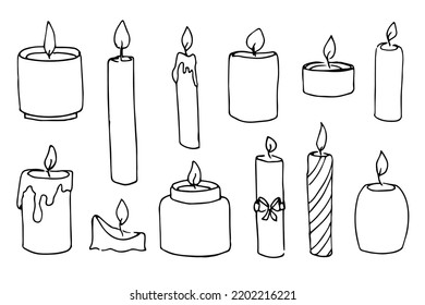 Sketch of Candles. Hand drawn vector illustration with candlelight in doodle style for Christmas or birthday design. Simple contour drawing for icon or logo. Black line on white isolated background